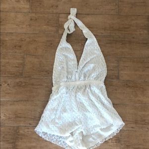 Backless white lace halter romper